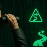 A picture of a person looking at symbols in the matrix through binoculars - signifying a Technology Due Diligence