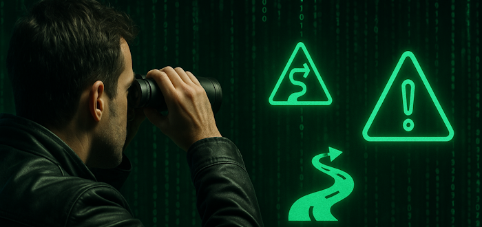 A picture of a person looking at symbols in the matrix through binoculars - signifying a Technology Due Diligence