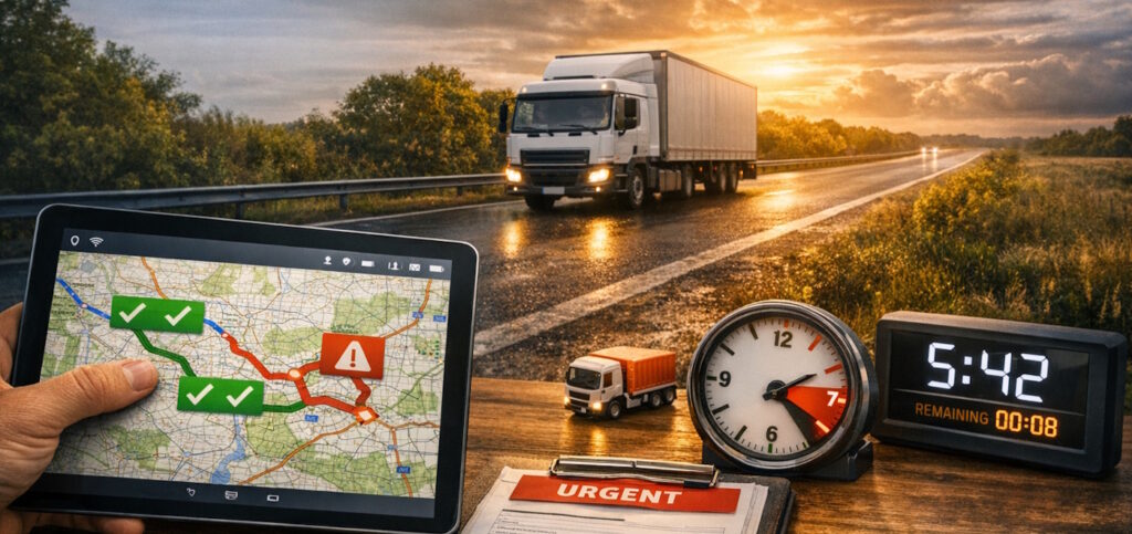 A picture showing a route and some dispatching tools, along with a truck.