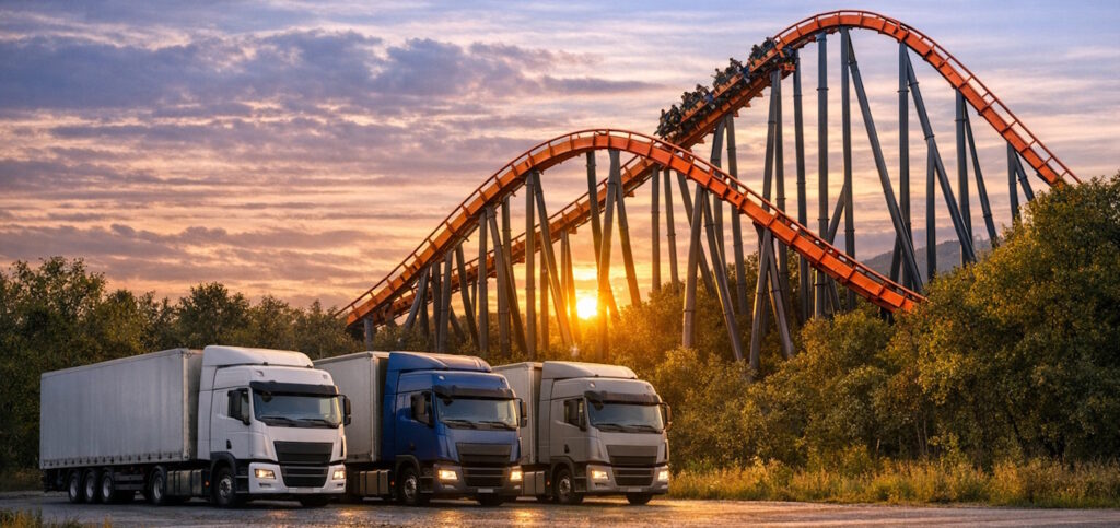 3 Trucks standing in front of a roller-coaster