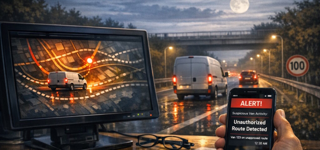 A picture showing a van at night - while an alert flashes on the phone showing it was stolen