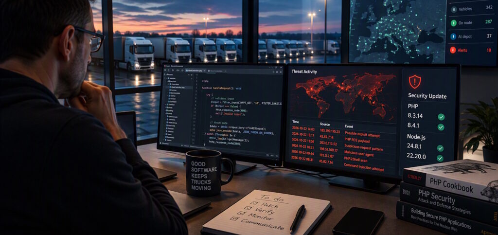 Fleet operations office with European trucks outside, PHP code, cyber threat monitoring and security updates displayed on computer screens.